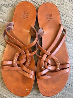 Henry Cuir Brown Tan Leather Knot Strap Women's Flat Sandals Made in Italy